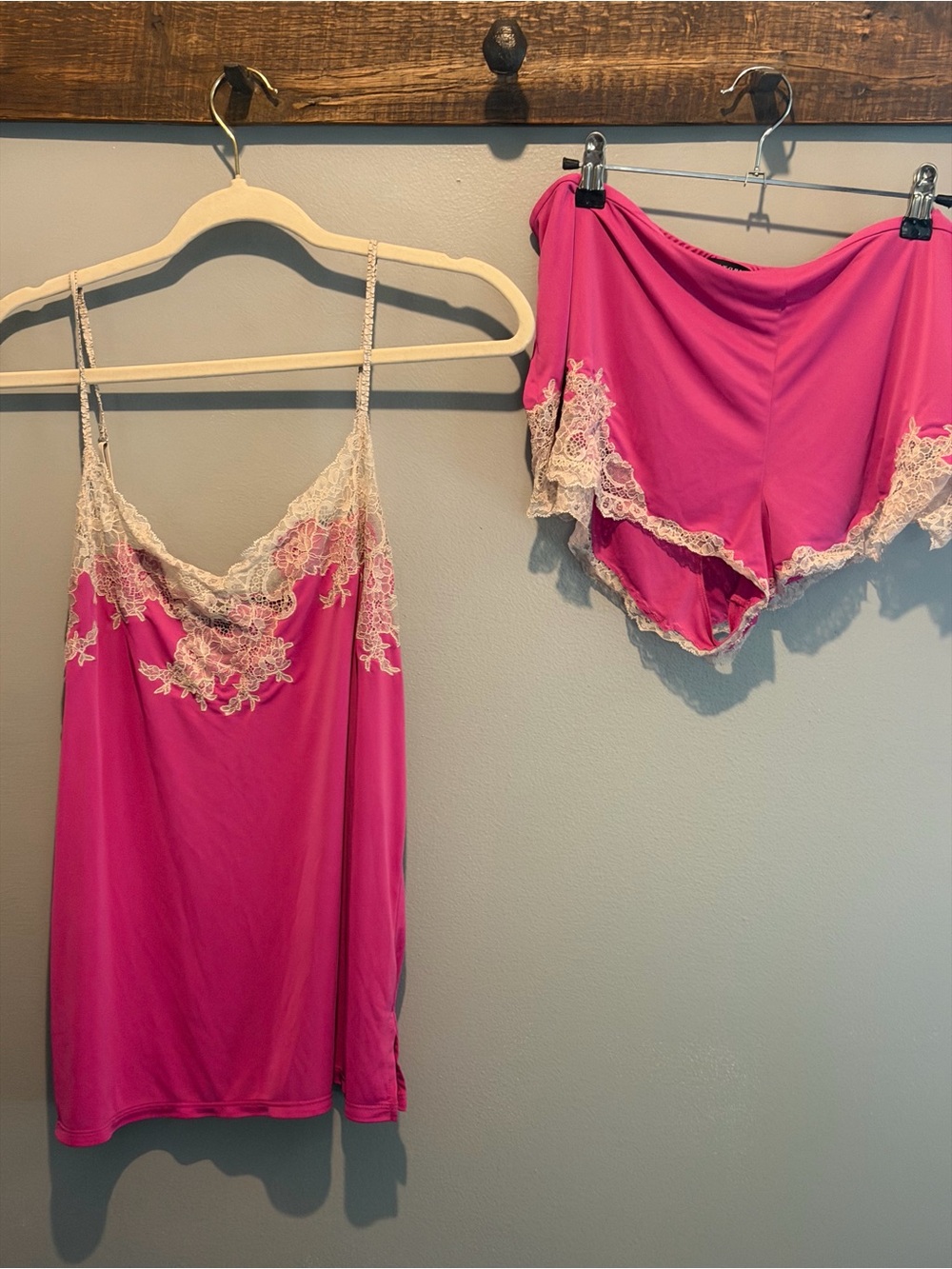 Natori Fuchsia Camisole & Short Set with Cream Lace Trim